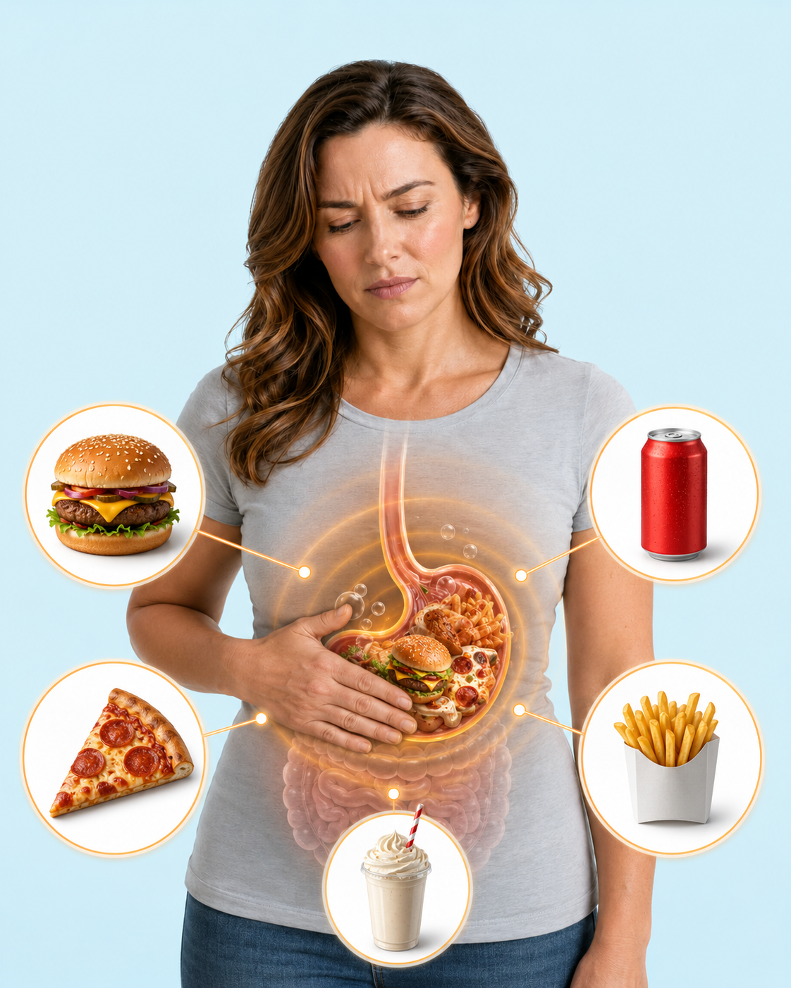 Conceptual illustration of a complex mixed meal during digestion